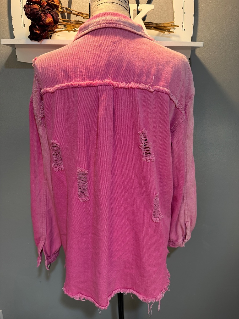 Pink Distressed Button-Front Jean Jacket - Picture 6 of 7